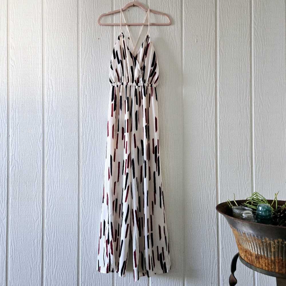TRAC Boho Jumpsuit V Neck Surplice Front Lace Up Back Wide Leg Lined Cream Small